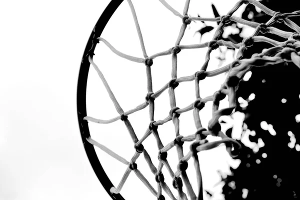 Hoop and net of basketball hoop in a strange view from the bottom,Black and Whit