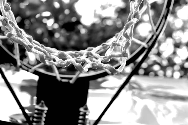 Hoop and net of basketball hoop in a strange view from the bottom,Black and Whit