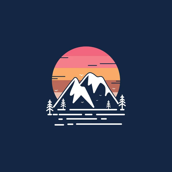 Flat Minimalistisch Berglandschap Zonsondergang — Stockvector