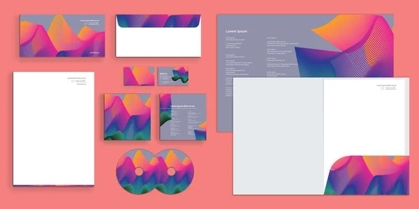 Psychedelic Waves Lines Gradient Colors Mesh Corporate Business Identity Stationery — Vettoriale Stock