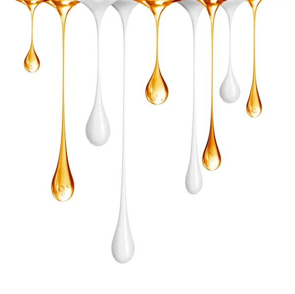 Druppels Olieachtige Vloeistof Melk Druppelen Een Witte Achtergrond — Stockfoto