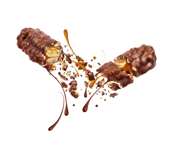 Våffla Choklad Bar Krossas Luften Två Halvor Isolerade Vit Bakgrund — Stockfoto