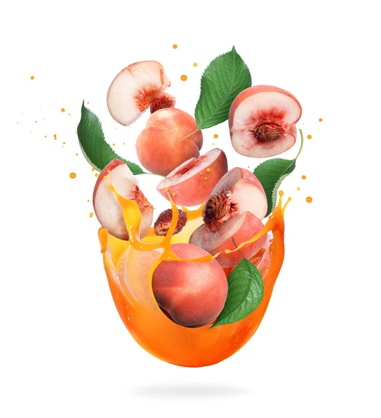 Ripe Peaches Leaves Splashes Fresh Juice Isolated White Background — Stock Photo, Image