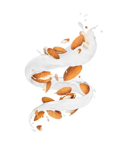 Krossade Mandlar Stänk Mjölk Form Spiral Vit Bakgrund — Stockfoto