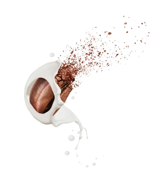 Crushed Coffee Bean Milk Splashes Isolated White Background — Stock Photo, Image