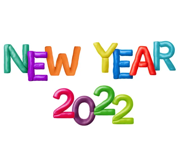 Inscription New Year 2022 Made Colored Plasticine Letters White Background — Stock Photo, Image