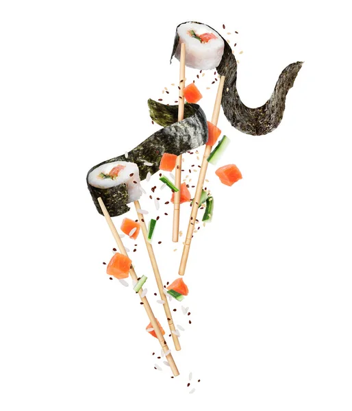 Twee Onverpakte Sushi Broodjes Ingeklemd Tussen Stokjes Met Ingrediënten Close — Stockfoto