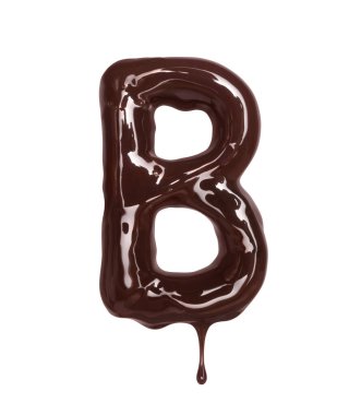 Latince B harfi beyaz arka planda izole edilmiş erimiş çikolatadan yapılır.