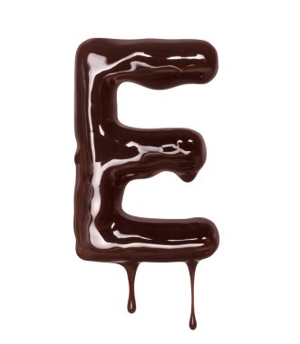 Latince E harfi beyaz arka planda izole edilmiş erimiş çikolatadan yapılır.