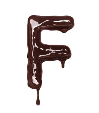 Latince F harfi beyaz arka planda izole edilmiş erimiş çikolatadan yapılır.