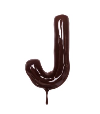 Latince J harfi beyaz arka planda izole edilmiş erimiş çikolatadan yapılır.