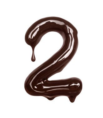 Damlayan damlası olan 2 numara erimiş çikolatadan yapılmış, beyaz arka planda izole edilmiş.