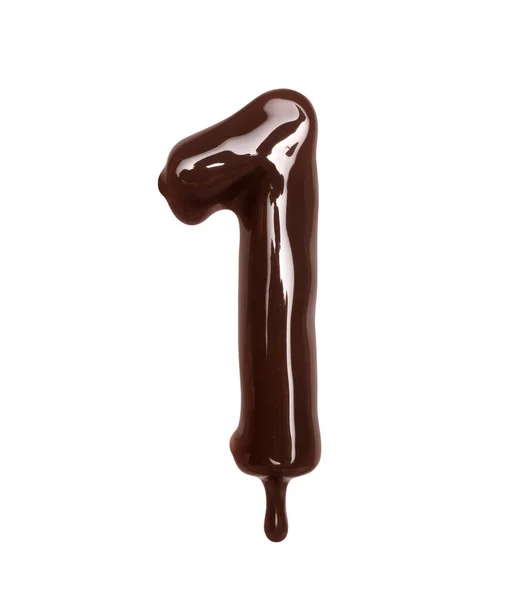 带滴滴的一号巧克力是用融化的巧克力制成的 背景是白色的 — 图库照片
