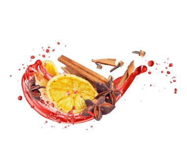 Beyaz arka planda izole edilmiş malzemeli sıcak şarap damlaları.