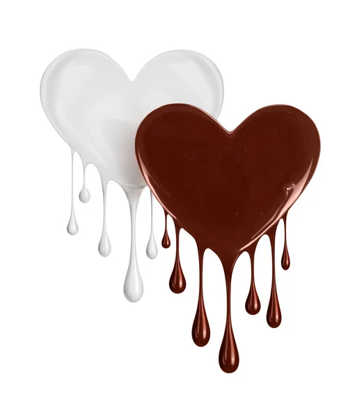Γάλα Και Σοκολάτα Καρδιά Σταγόνες Που Στάζουν Λευκό Φόντο — Φωτογραφία Αρχείου