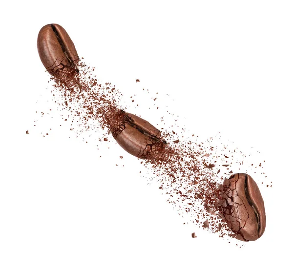 Three Coffee Beans Broken Powder Air — Stock Photo, Image