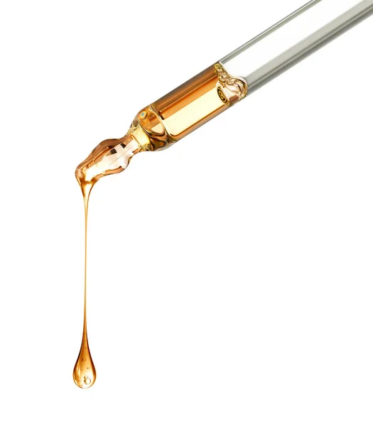 Stretched Oily Drop Falls Pipette Close Isolated White Background — 스톡 사진