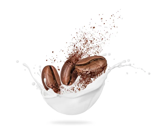 Three Crushed Coffee Beans Milk Splashes — Stock Photo, Image