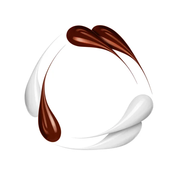 Doppelte Schokolade Und Milchtropfen Kreisförmiger Bewegung Isoliert Auf Weißem Hintergrund — Stockfoto