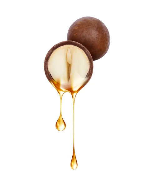 Drops Oil Dripping Half Macadamia Nut Close — Stock Photo, Image