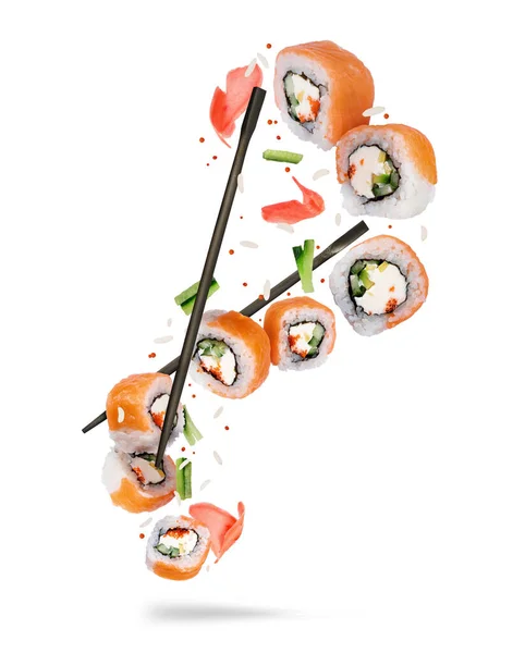 Sushi Fresco Con Pescado Rojo Ingredientes Aire Aislados Sobre Fondo —  Fotos de Stock