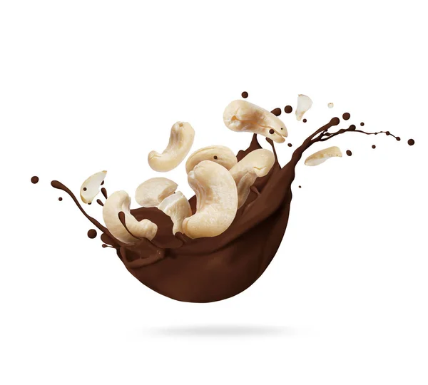 Szárított Zúzott Kesudió Csokoládé Fröccsenés Izolált Fehér Alapon — Stock Fotó