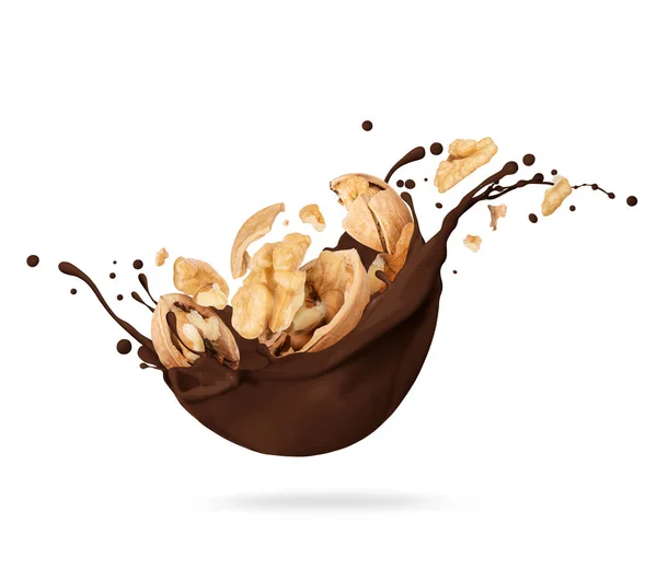 Szárított Zúzott Dió Csokoládé Fröccsenés Izolált Fehér Alapon — Stock Fotó