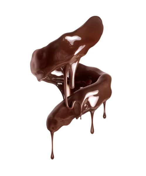 Gesmolten Chocolade Met Druppels Wervelende Vorm Geïsoleerd Een Witte Achtergrond — Stockfoto