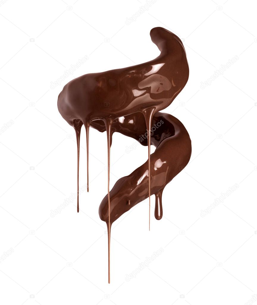 Melted chocolate with dripping drops in a swirling shape on a white background 