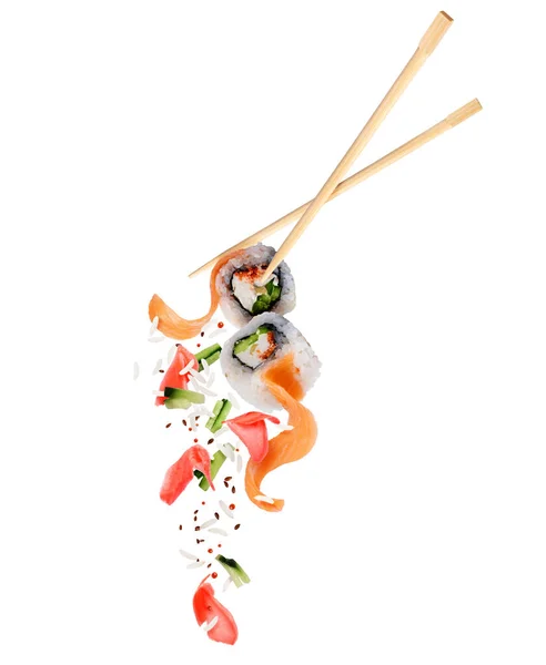 Dvě Čerstvé Sushi Rolky Složkami Vzduchu Izolované Bílém Pozadí — Stock fotografie
