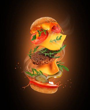 Siyah arka planda dumanlı ev yapımı bir hamburger için gıda malzemeleri.