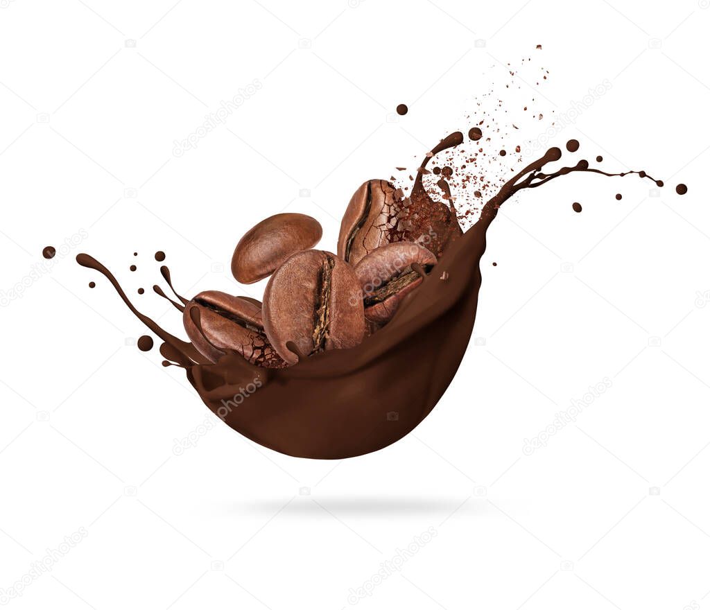 Coffee beans in splashes of chocolate isolated on a white background