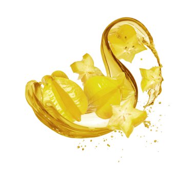 Olgun karambola, beyaz bir arka planda izole edilmiş içki damlaları. 