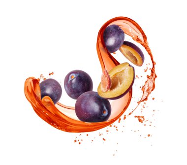 Olgun erikler beyaz arka planda izole edilmiş meyve suyu damlaları. 