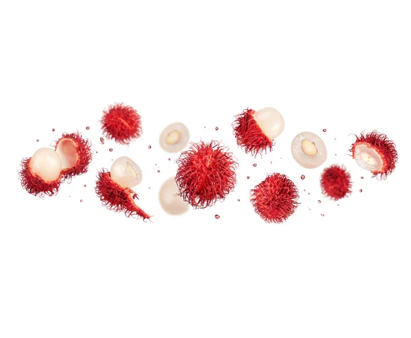 Ολόκληρα Και Ψιλοκομμένα Φρούτα Rambutan Στον Αέρα Λευκό Φόντο — Φωτογραφία Αρχείου