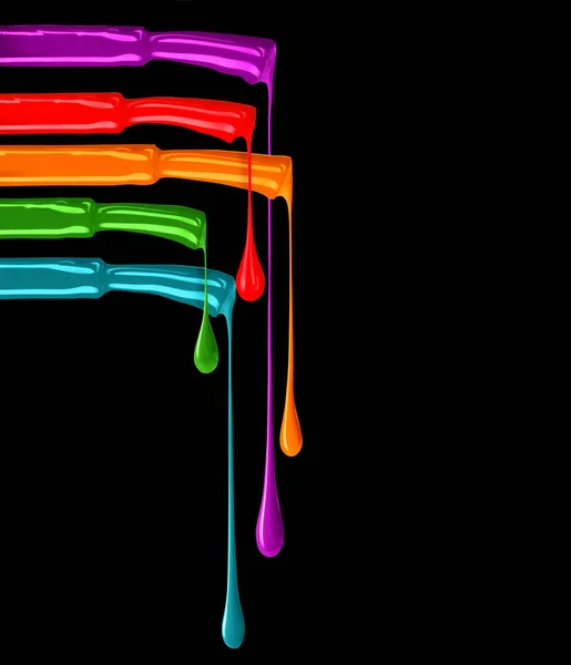 Colored Brushes Stretched Drops Black Background — Stockfoto