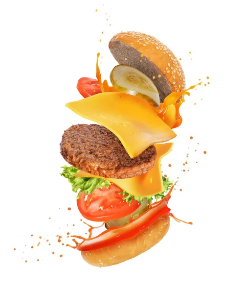 Ingredients Homemade Burger Air Isolated White Background — 스톡 사진