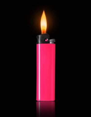 Pink lighter with a burning flame on a black background