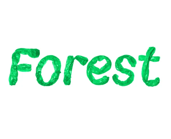 Inscrição Floresta Criada Por Sacos Lixo Verde Isolado Fundo Branco — Fotografia de Stock