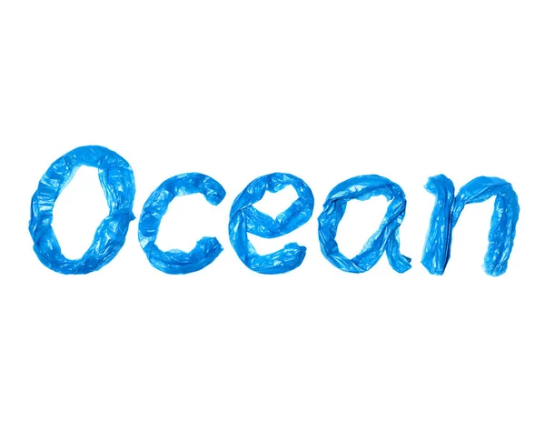 Inscripción Océano Creado Por Bolsas Basura Azul Aislado Sobre Fondo — Foto de Stock