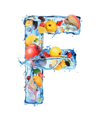Farklı meyve ve böğürtlenli su sıçramalarından oluşan Latince F harfi.