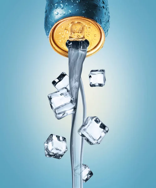 水从金属瓶中倒入蓝色底座上的冰块 — 图库照片
