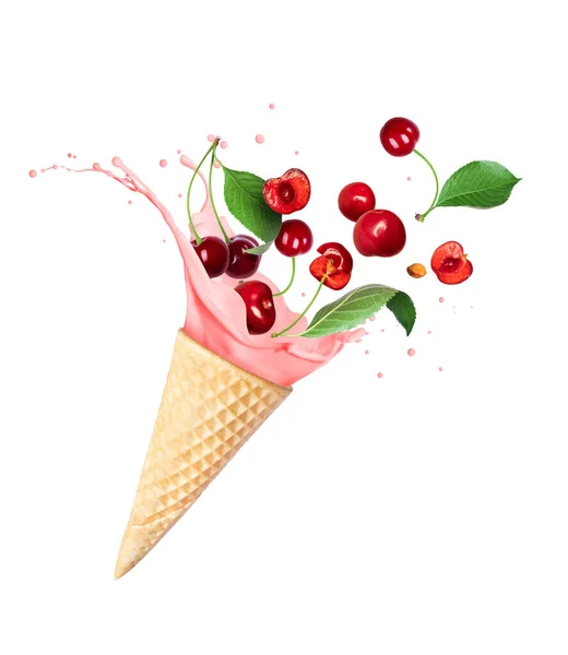 Splashes Ice Cream Cherries Isolated White Background — Stock Photo, Image