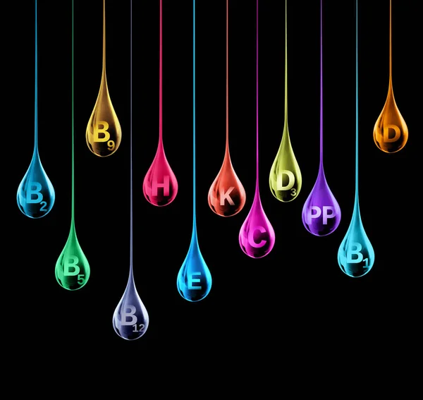 Set Multi Vitamin Complex Shape Colorful Stretched Drops Black Background — Stock Photo, Image