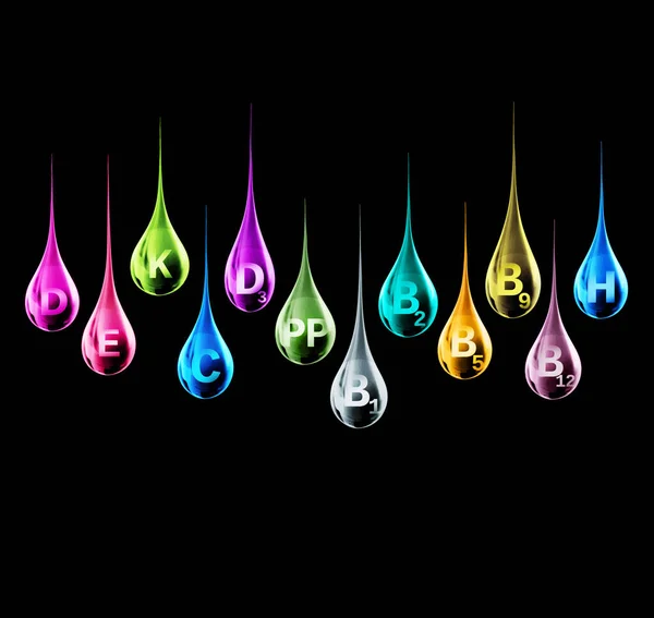 Set of multi vitamin complex in the shape of colorful drops on a black background