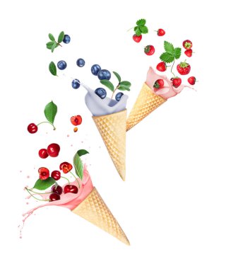 Beyaz arka planda farklı böğürtlenli üç dondurma külahı.