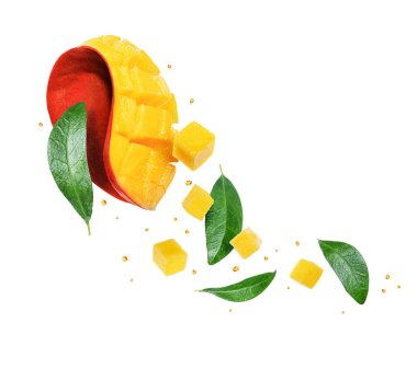 Sliced half of mango with leaves in the air isolated on a white background