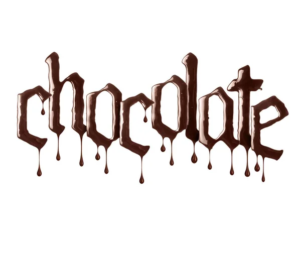 Inscription Chocolate Gothic Style Dripping Drops Made Melted Chocolate — Stockfoto
