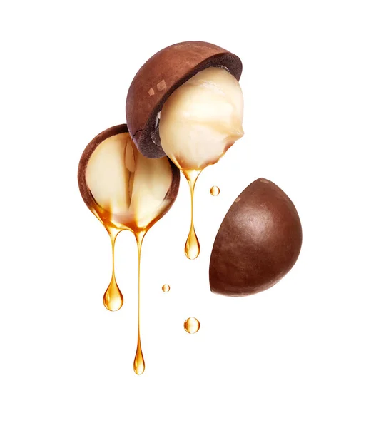 Drops Oil Dripping Halves Macadamia Nuts Close — Stock fotografie