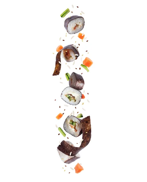 Sushi Rolls Ingredients Air Isolated White Background — 图库照片